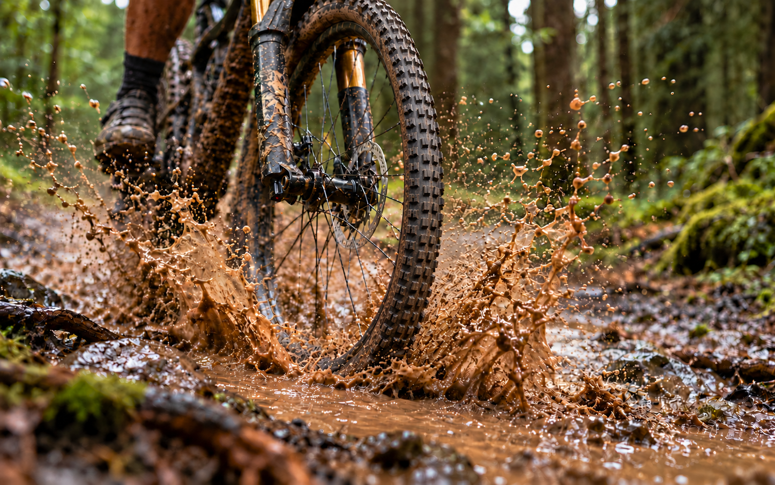 Een MTB-voorwiel rijdt door een modderplas met opspattend water